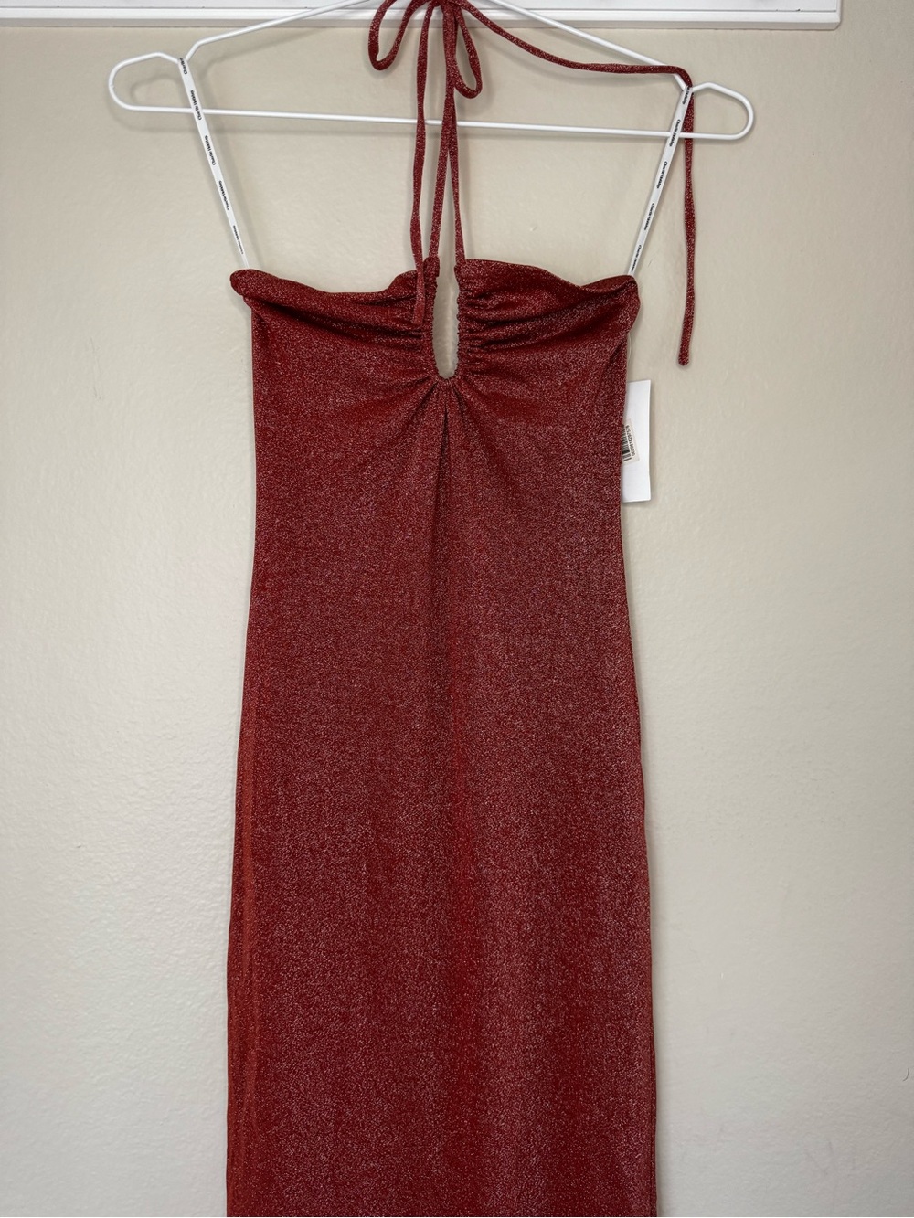 Charlie Holiday Shimmer Halter Maxi Dress in Wine Red